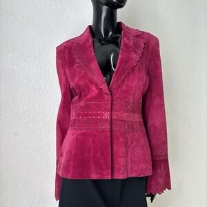 Chic Fuchsia Suede Blazer with Scalloped Edges
